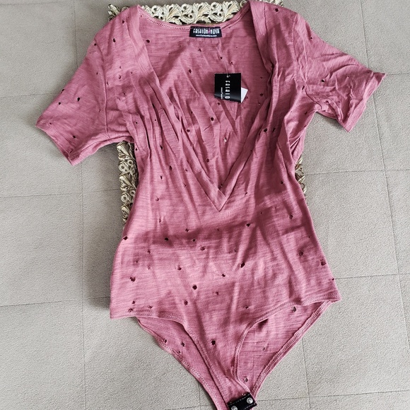 Short sleeve, deep V Plunge, fash/holes, bodysuit - Picture 1 of 3